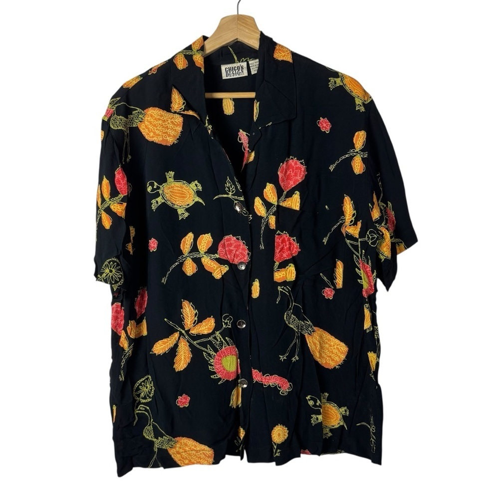 Vintage Chico's Black Tropical Printed Short Sleeve Button Down 1/S